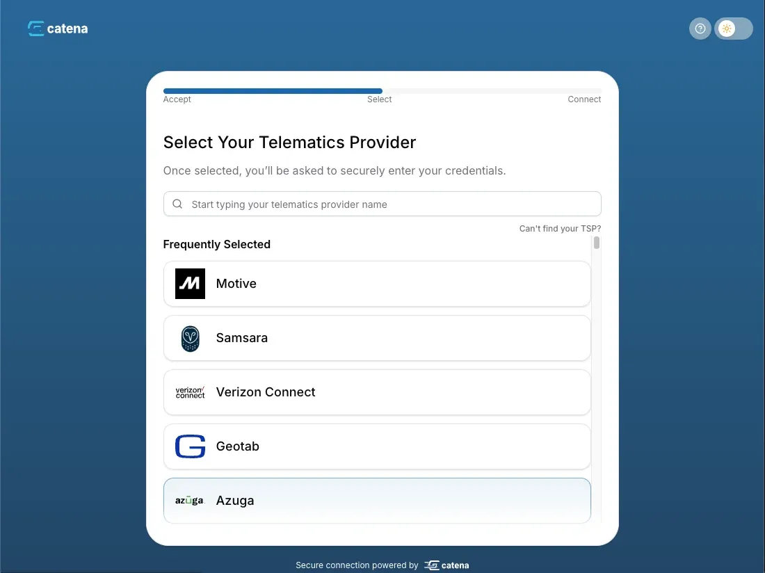 Telematics provider selection screen